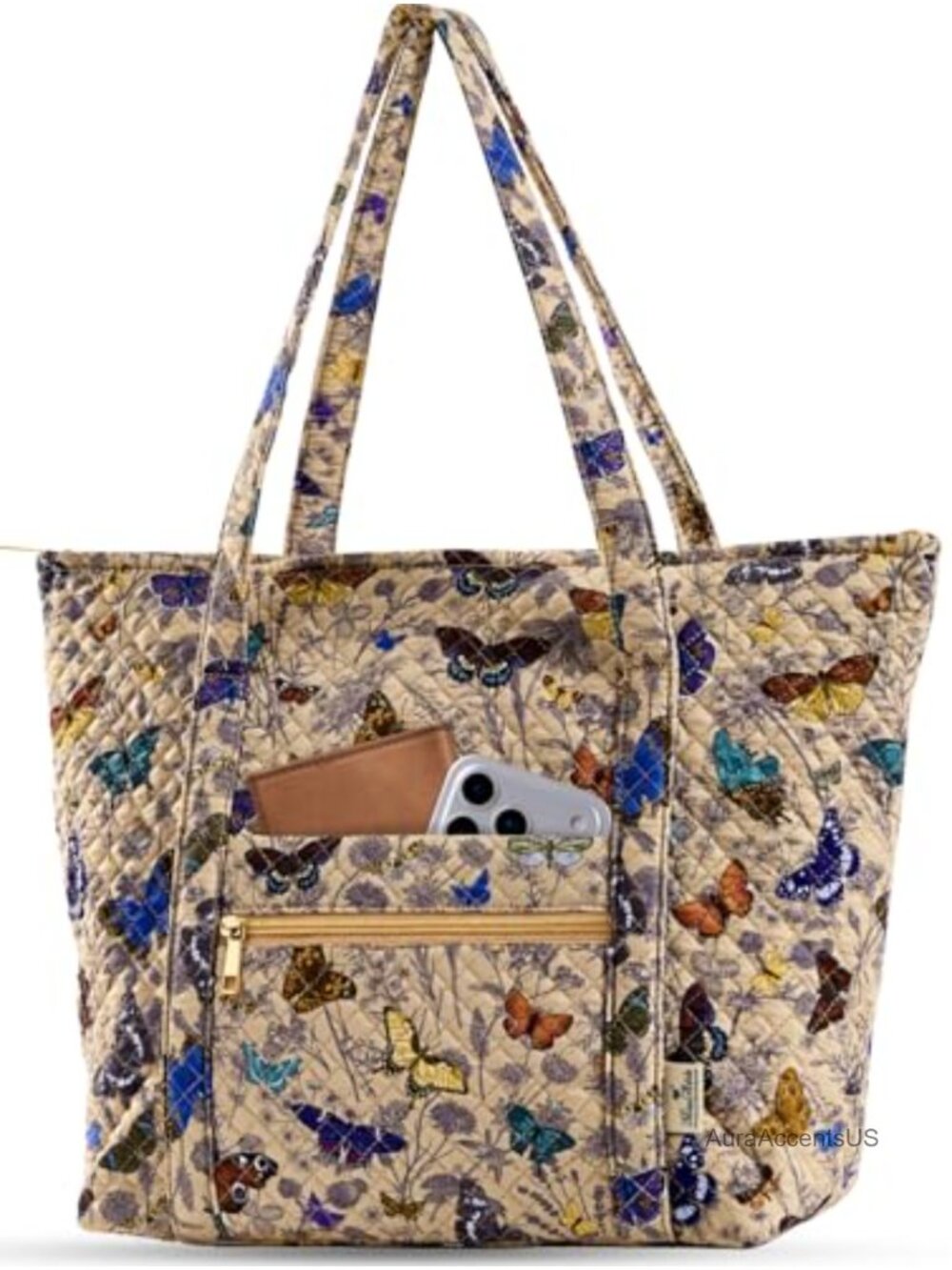 Quilted Cotton Tote Bag with Zipper for Women, Spacious Shoulder Bag, Work &